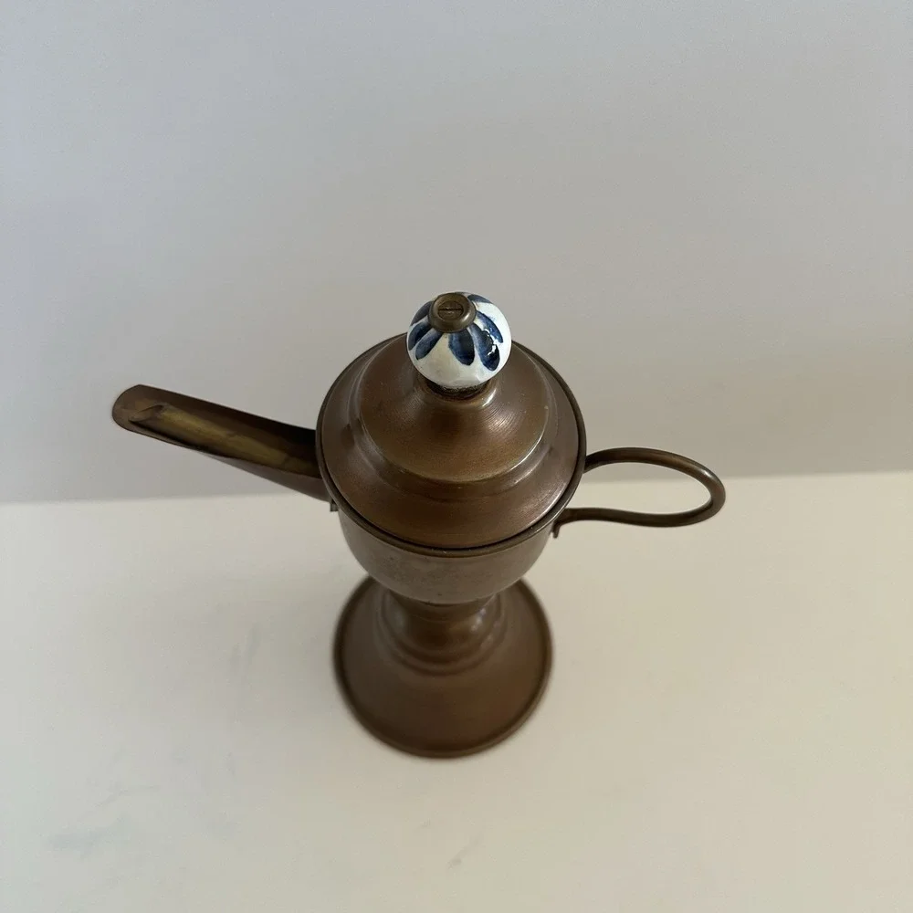 Vintage Copper Oil Lamp Pre-1950s White & Blue Knob 10